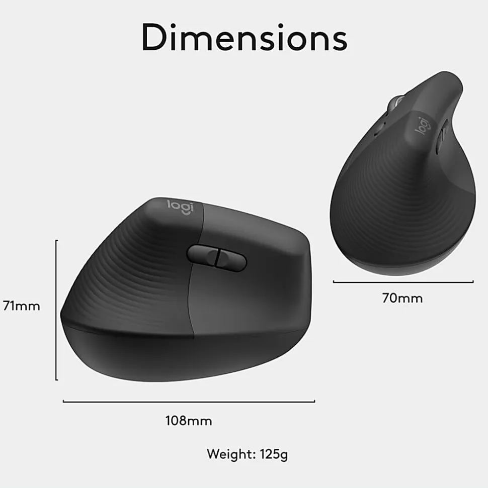 Logitech Lift Left Vertical Ergonomic Mouse, Left-handed, Wireless, Bluetooth or Logi Bolt USB, Quiet clicks, Graphite - 910006467