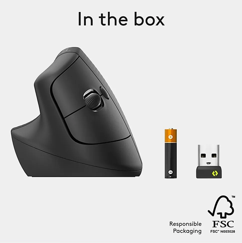 Logitech Lift Left Vertical Ergonomic Mouse, Left-handed, Wireless, Bluetooth or Logi Bolt USB, Quiet clicks, Graphite - 910006467