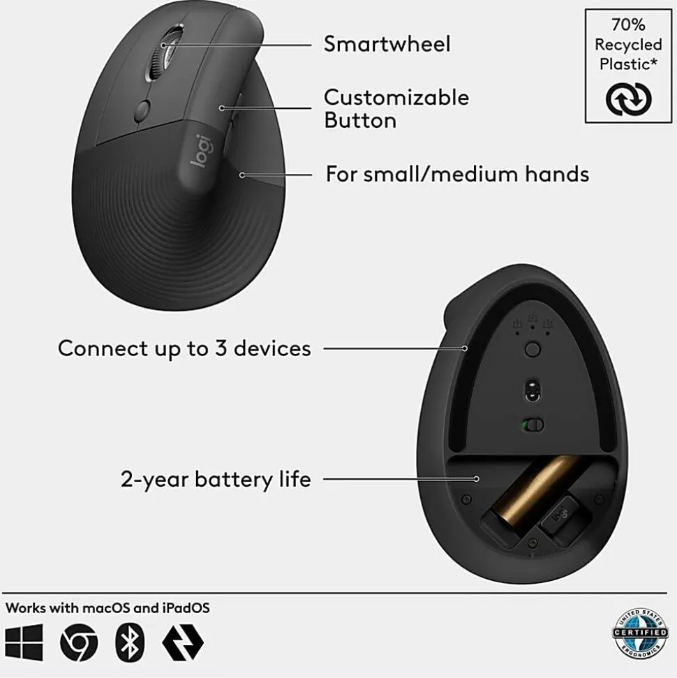 Logitech Lift Left Vertical Ergonomic Mouse, Left-handed, Wireless, Bluetooth or Logi Bolt USB, Quiet clicks, Graphite - 910006467