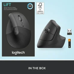 Logitech Lift Vertical Ergonomic Mouse, Graphite, Wireless, Quiet clicks