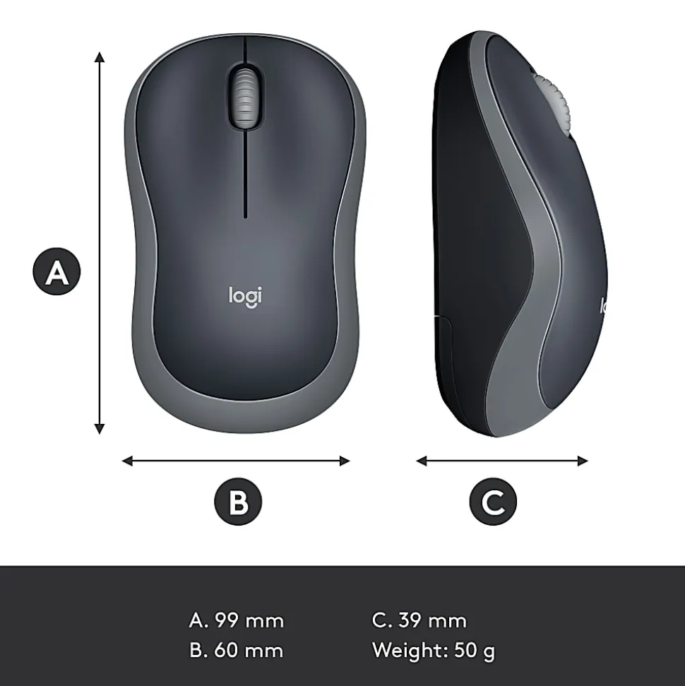 Logitech M185 Ambidextrous Wireless Mouse, Swift Gray