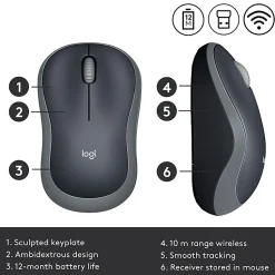 Logitech M185 Ambidextrous Wireless Mouse, Swift Gray