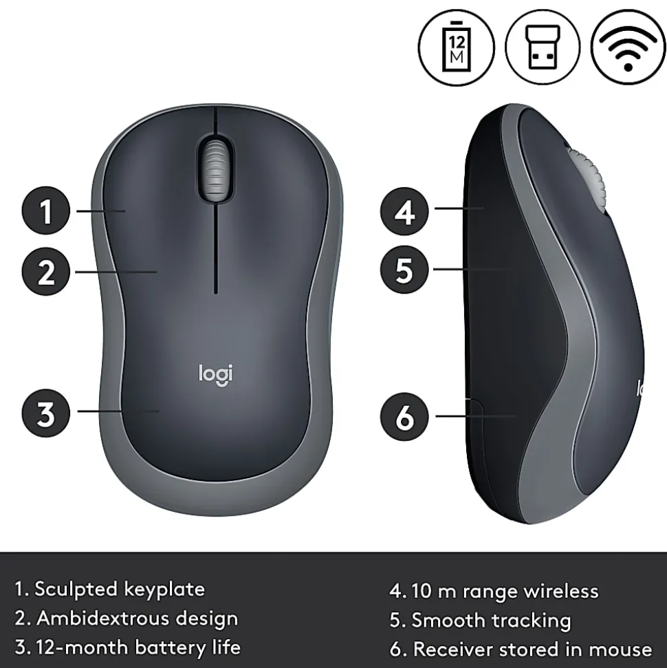 Logitech M185 Ambidextrous Wireless Mouse, Swift Gray