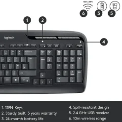 Logitech®MK320 Wireless Straight Full-Size Keyboard & Ambidextrous Optical Mouse, Black