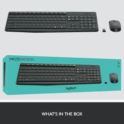 Logitech® MK235 Wireless Straight Full-Size Keyboard & Ambidextrous Optical Mouse, Black