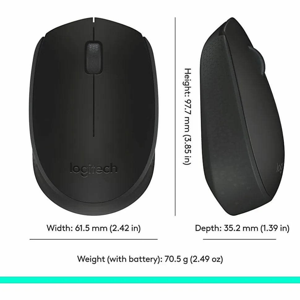 Logitech M170 Mouse - Optical - Wireless - Radio Frequency - Black - USB - Scroll Wheel - 2 Button(s) - Symmetrical