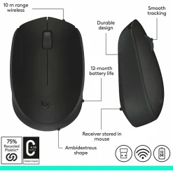 Logitech M170 Mouse - Optical - Wireless - Radio Frequency - Black - USB - Scroll Wheel - 2 Button(s) - Symmetrical