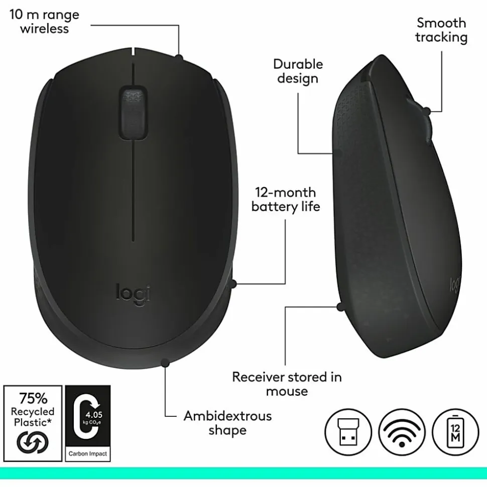 Logitech M170 Mouse - Optical - Wireless - Radio Frequency - Black - USB - Scroll Wheel - 2 Button(s) - Symmetrical