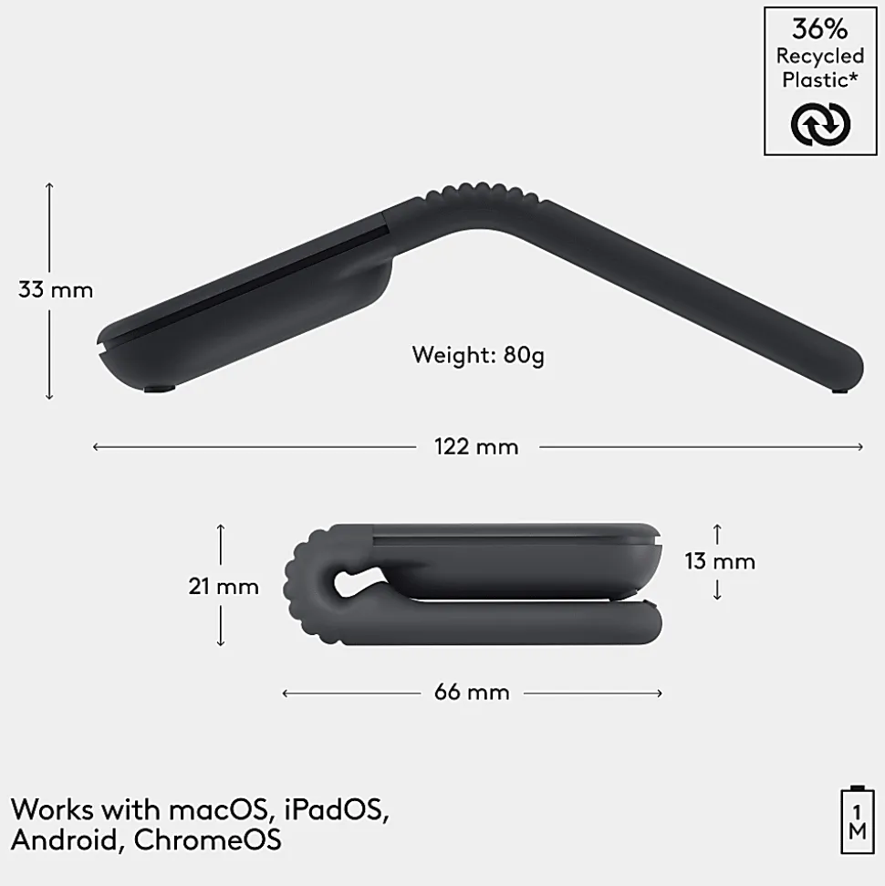 Logitech Mobi Fold Ultra-Portable Travel Mouse, For Windows PC, Mac, Chromebook, Android, iPad, Graphite, 910007601