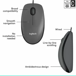 Logitech M100 Wired USB Mouse, Gray