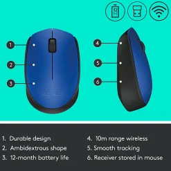 Logitech M170 Wireless Mouse - Optical - Wireless - Radio Frequency - Blue - USB 2.0 - 1000 dpi - Scroll Wheel - Symmetrical