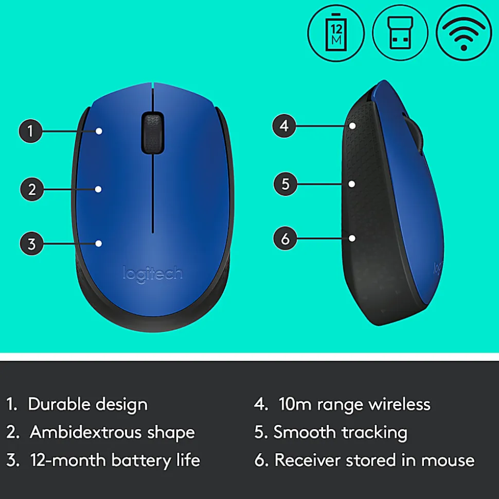 Logitech M170 Wireless Mouse - Optical - Wireless - Radio Frequency - Blue - USB 2.0 - 1000 dpi - Scroll Wheel - Symmetrical