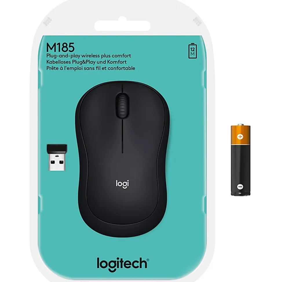 Logitech M185 Wireless Mouse - Optical - Wireless - Radio Frequency - 2.40 GHz - Gray - USB - 1000 dpi - Scroll Wheel - 3 Button(s) - Symmetrical