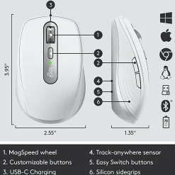 Logitech MX Anywhere 3 Compact Performance Wireless Mouse with Customizable Buttons, Pale Gray