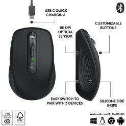 Logitech® MX Anywhere 3S Compact Wireless Mouse, 78% Recycled, Black, 910-006928