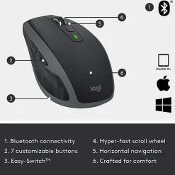 Logitech MX Anywhere 2S Mouse - Darkfield - Wireless - 33 ft - Bluetooth/Radio Frequency - Rechargeable - 910007232