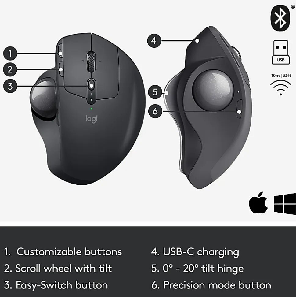 Logitech® MX ERGO PLUS Advanced Wireless Trackball Mouse, Black, 910-005178