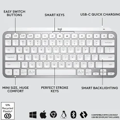 Logitech® MX Keys Mini Minimalist Wireless Illuminated Keyboard, Pale Gray
