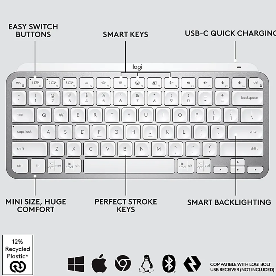 Logitech® MX Keys Mini Minimalist Wireless Illuminated Keyboard, Pale Gray