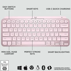 Logitech MX Keys Mini Minimalist Wireless Illuminated Keyboard, Compact, Bluetooth, USB-C - Rose - Wireless Connectivity - 920010474