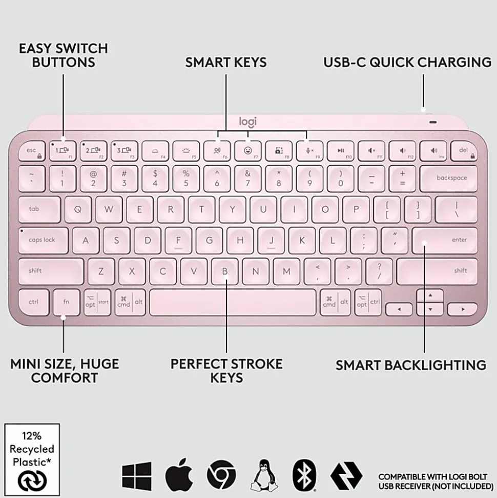 Logitech MX Keys Mini Minimalist Wireless Illuminated Keyboard, Compact, Bluetooth, USB-C - Rose - Wireless Connectivity - 920010474