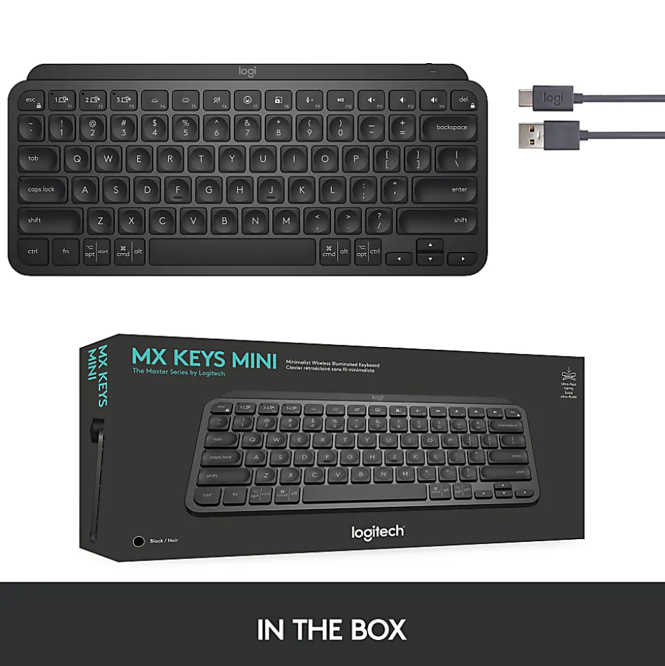 Logitech® MX Keys Mini Minimalist Wireless Illuminated Keyboard, Compact, Bluetooth, Backlit, USB-C, Black