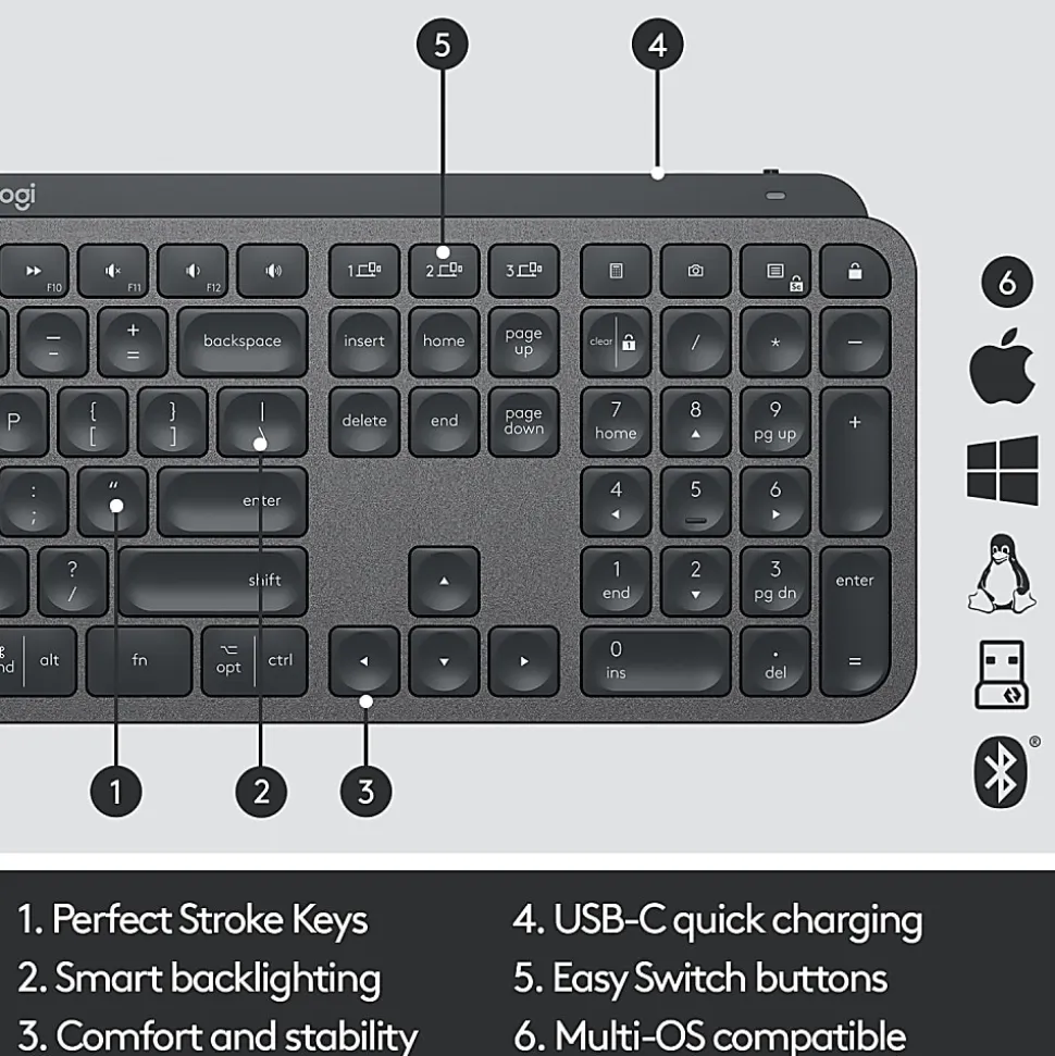 Logitech MX Keys Wireless Illuminated Keyboard for Business, Quiet Perfect-Stroke Keys, Logi Bolt Technology - 920010116