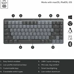 Logitech MX Mechanical Mini Wireless Illuminated Keyboard, Tactile Quiet Switches, Backlit, Bluetooth, US - 920010550