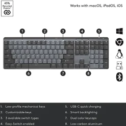 Logitech® MX Mechanical Wireless Illuminated Performance Keyboard, Graphite, 920-010547