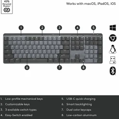 Logitech MX Mechanical Wireless Illuminated Performance Keyboard, Clicky Switches, Backlit Keys, Bluetooth - 920010549