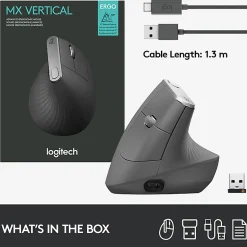 Logitech MX Vertical Advanced Ergonomic Wireless Mouse, Control and Move Content Between 3 Windows and Apple Computers, Graphite - 910-005447