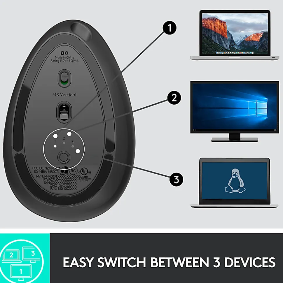 Logitech MX Vertical Advanced Ergonomic Wireless Mouse, Control and Move Content Between 3 Windows and Apple Computers, Graphite - 910-005447