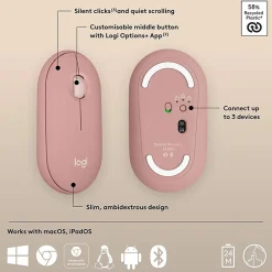 Logitech Pebble Mouse 2 M350s Slim Bluetooth Wireless Mouse, Portable, Customizable Button, Quiet Clicks, Tonal Rose - 910007023