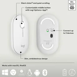 Logitech Pebble Mouse 2 M350s Slim Bluetooth Wireless Mouse, Portable, Customizable Button, Quiet Clicks, Tonal White - 910007022