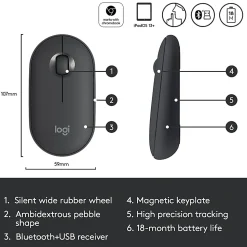 Logitech Pebble M350 Wireless Mouse with Bluetooth or 2.4 GHz Receiver, Silent, Slim Computer Mouse with Quiet Click, Graphite