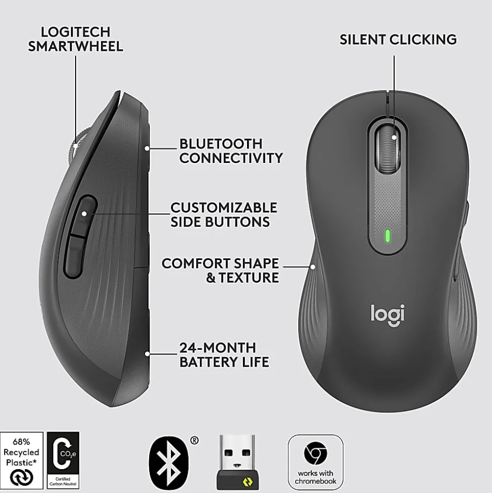 Logitech® Signature M650 Left-Handed Wireless Mouse, Graphite
