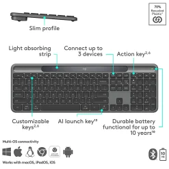 Logitech Signature Slim Solar+ Wireless Keyboard, Bluetooth, Graphite, 920013755