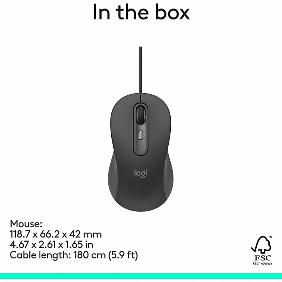 Logitech Signature Wired M520 L for Business, Optical Wired Mouse, USB-C Plug-and-Play, Graphite, 910007497
