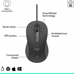 Logitech Signature Wired M520 L for Business, Optical Wired Mouse, USB-C Plug-and-Play, Graphite, 910007497