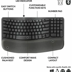 Logitech Wave Keys for Business, Wireless Ergonomic Keyboard with Cushioned Palm Rest, Logi Bolt Technology, Graphite - 920012058