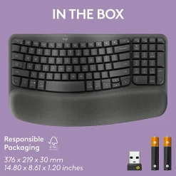 Logitech® Wave Keys Wireless Ergonomic Keyboard With Cushioned Palm Rest, 61% Recycled, Graphite, 920-011898