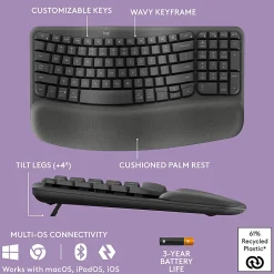 Logitech® Wave Keys Wireless Ergonomic Keyboard With Cushioned Palm Rest, 61% Recycled, Graphite, 920-011898