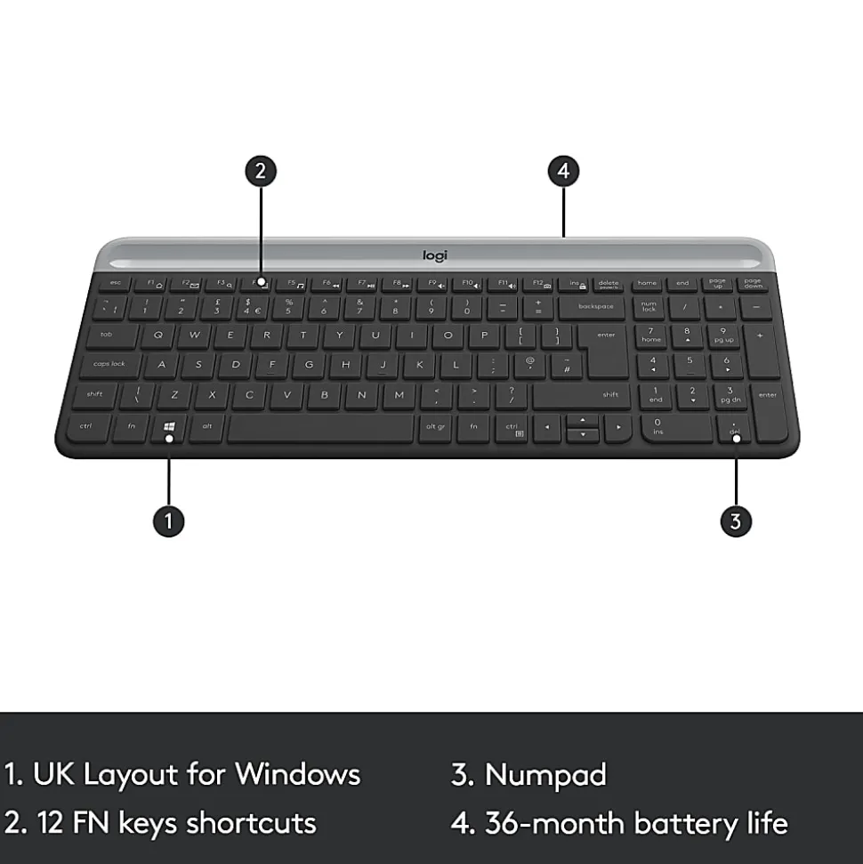 Logitech® Wireless Keyboard & Mouse, Straight Full Size Keyboard, Graphite, Ambidextrous Optical Mouse, MK470 Slim