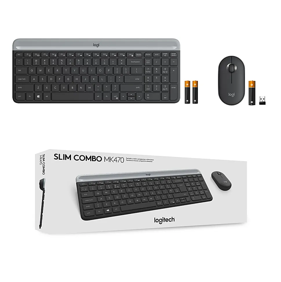 Logitech® Wireless Keyboard & Mouse, Straight Full Size Keyboard, Graphite, Ambidextrous Optical Mouse, MK470 Slim
