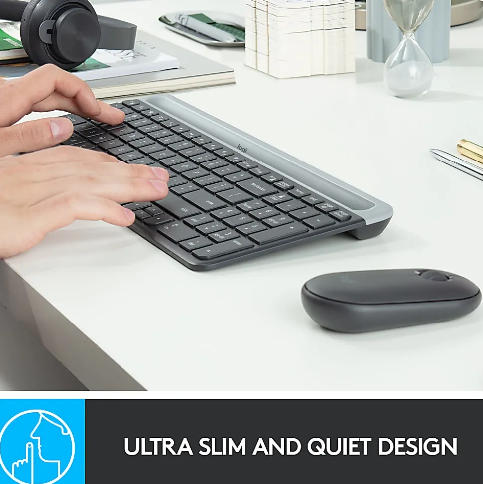Logitech® Wireless Keyboard & Mouse, Straight Full Size Keyboard, Graphite, Ambidextrous Optical Mouse, MK470 Slim