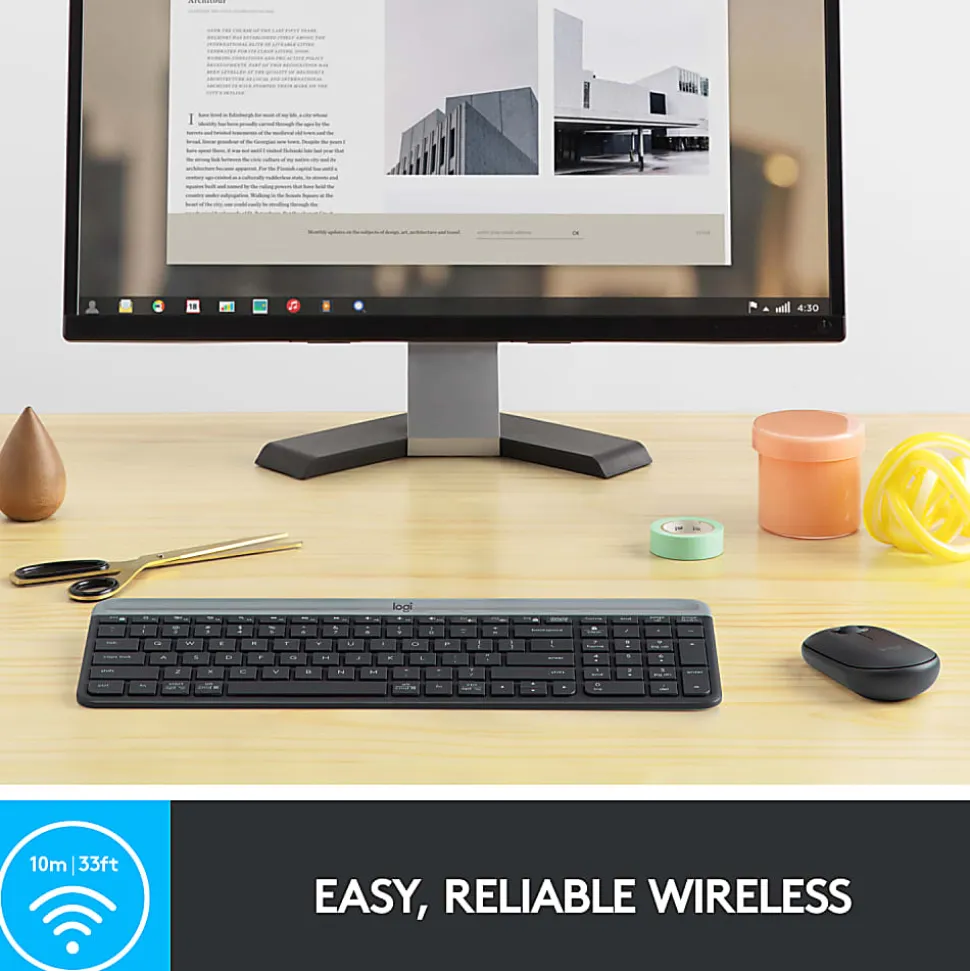 Logitech® Wireless Keyboard & Mouse, Straight Full Size Keyboard, Graphite, Ambidextrous Optical Mouse, MK470 Slim