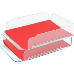 LorellĀ® Acrylic Stacking Letter Trays, For * 1/2" x 11" Use, Clear/Green Edge, Set Of 2