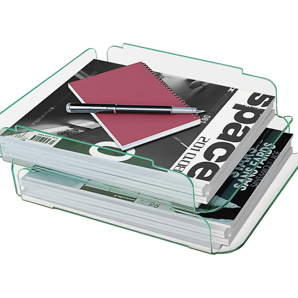 Lorell® Acrylic Stacking Letter Trays, For * 1/2" x 11" Use, Clear/Green Edge, Set Of 2