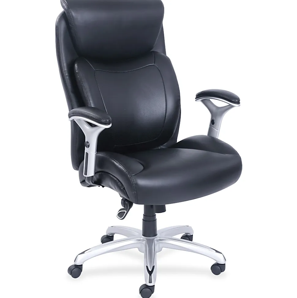 Lorell® Big & Tall Bonded Leather Executive Chair With Flexible Air Technology, T Arms, Black/Silver