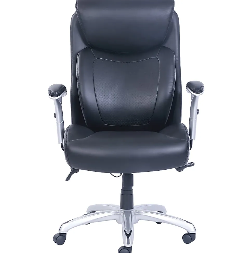 Lorell® Big & Tall Bonded Leather Executive Chair With Flexible Air Technology, T Arms, Black/Silver